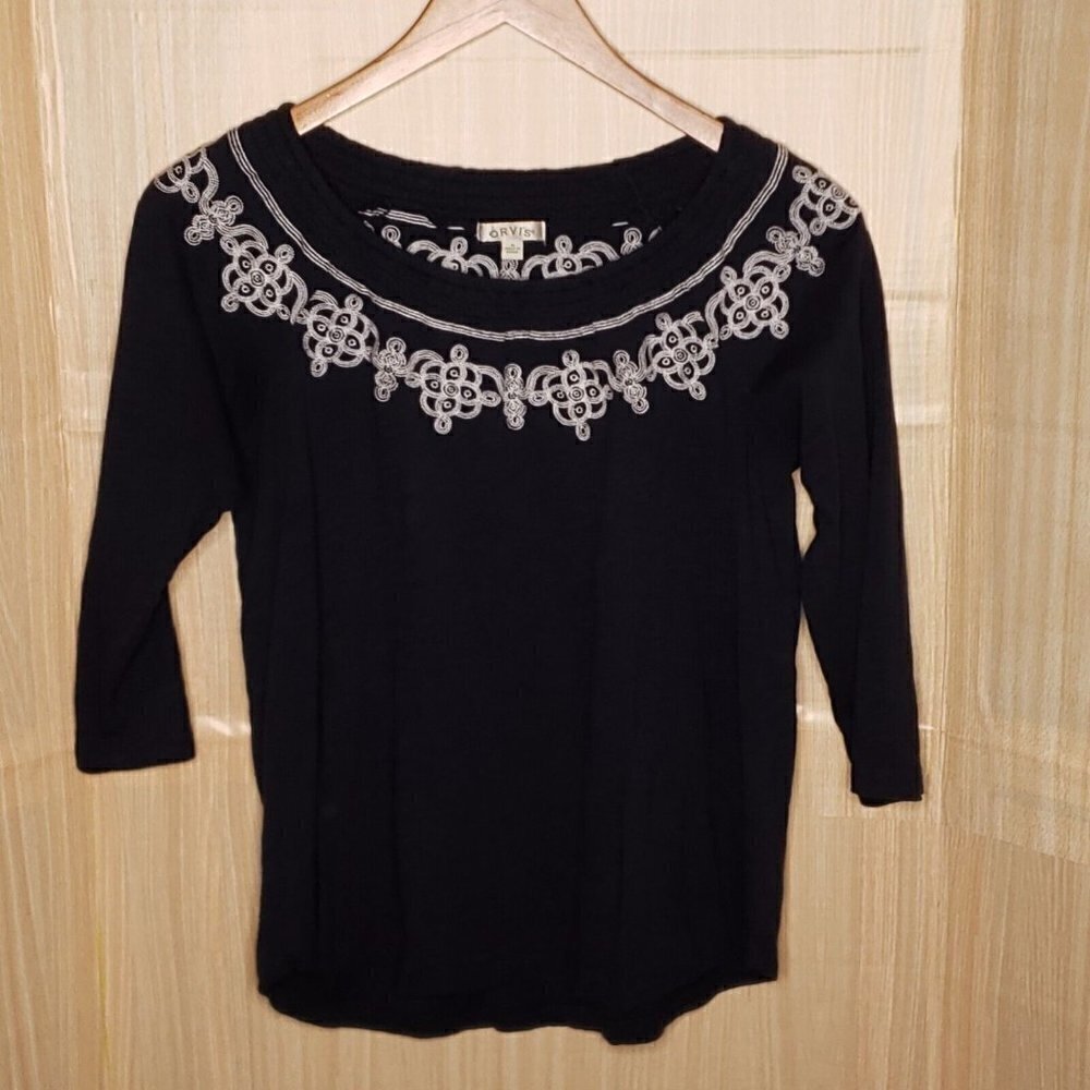 Orvis Womens Navy Blue Embroidered Wide Elastic Neckline Medium